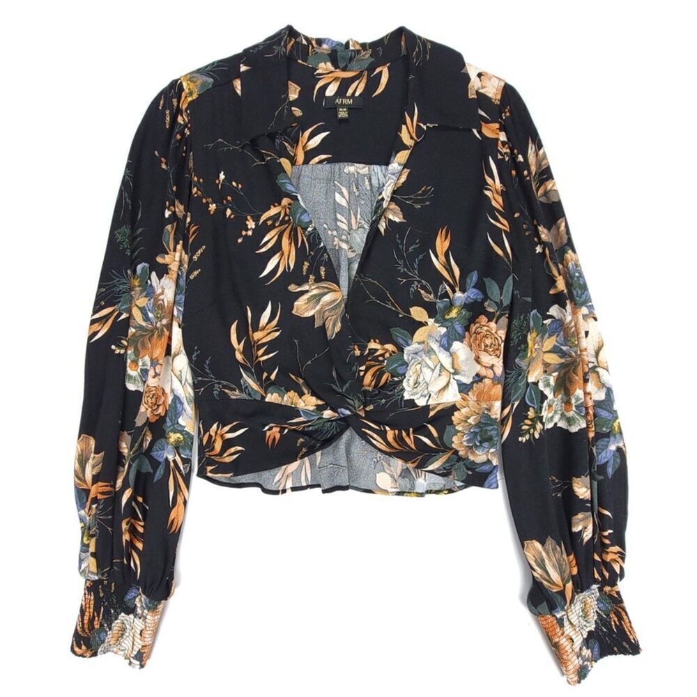 AFRM Black Floral Twist-Front Blouse with Blue and Mustard Flowers